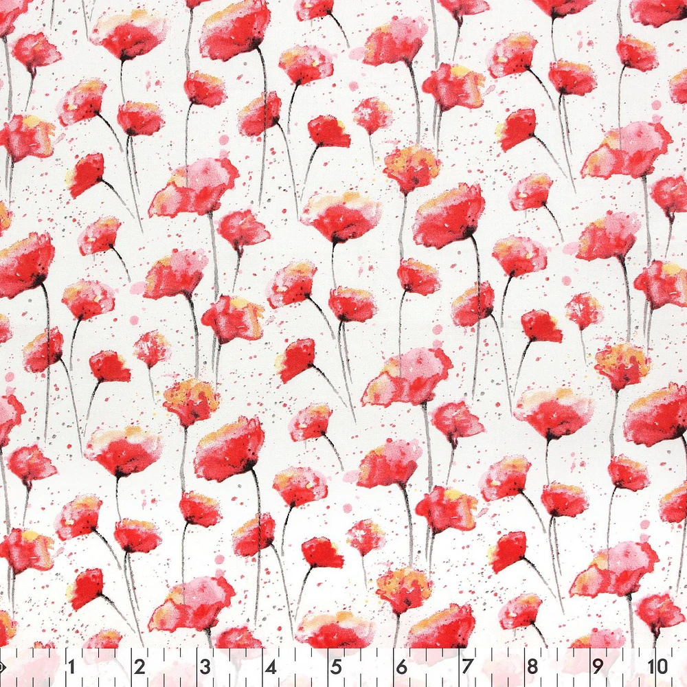 Fabric Creations White with Red Watercolour Poppies Fat Quarter Pre-Cut Fabric - 18" x 21" / 45cm x 53cm, 18" x 21" / 45cm x 53cm