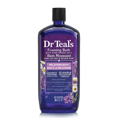 Dr Teal's Foaming Bath with Pure Epsom Salt, Melatonin Bath, Lavender & Chamomile Essential Oil Blend (Packaging May Vary), 34 fl oz / 1L