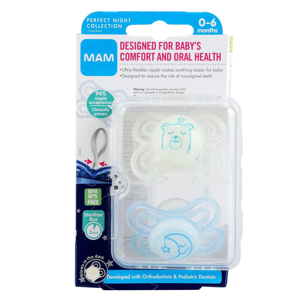 MAM Perfect Night Pacifiers, Glow in the Dark Pacifiers (2 pack) MAM Pacifiers 0-6 Months, Best Pacifier for Breastfed Babies, Baby Boy Pacifier