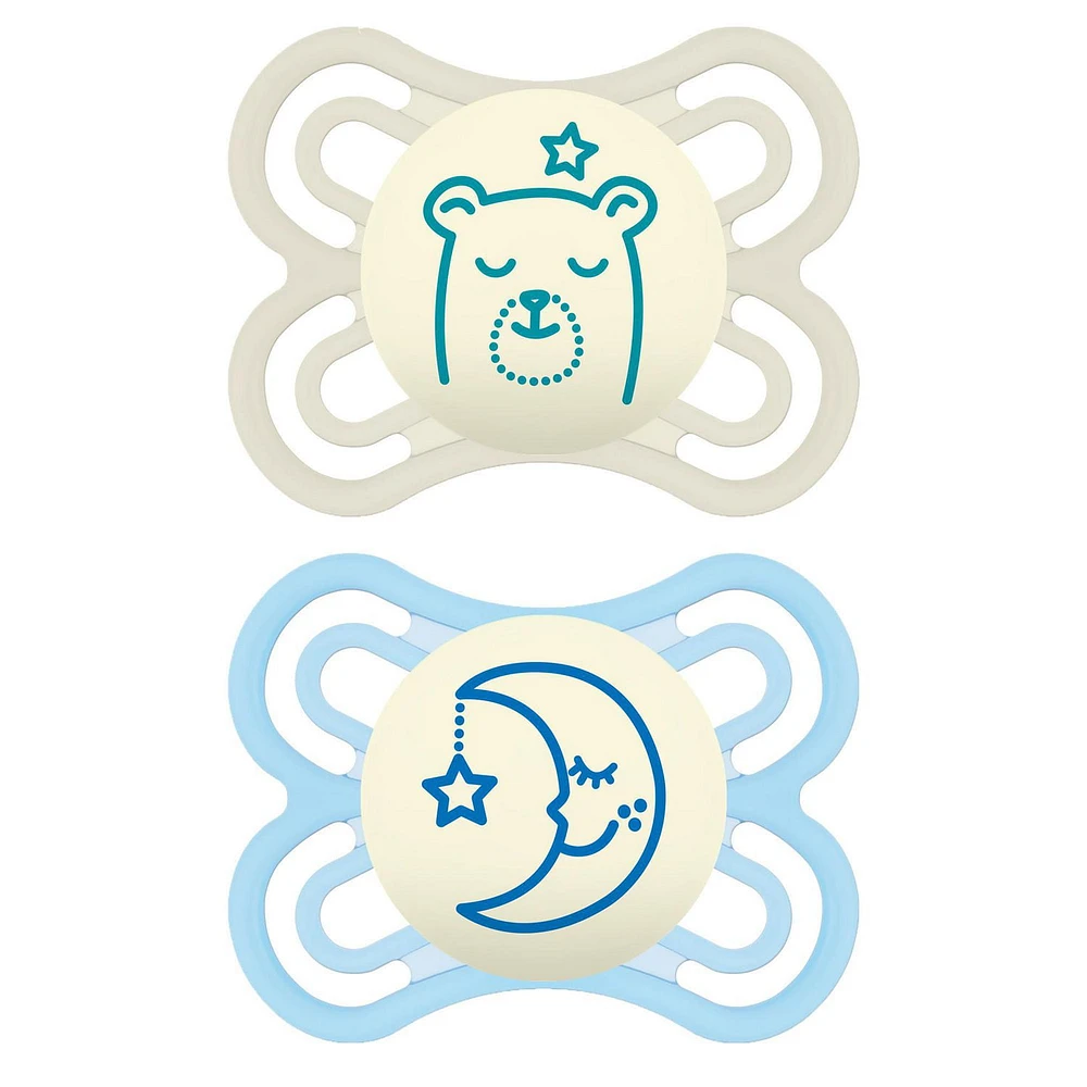MAM Perfect Night Pacifiers, Glow in the Dark Pacifiers (2 pack) MAM Pacifiers 0-6 Months, Best Pacifier for Breastfed Babies, Baby Boy Pacifier