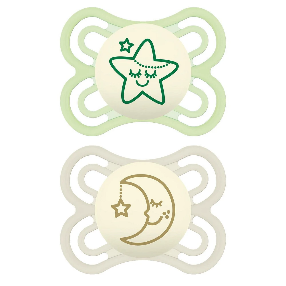 MAM Perfect Night Pacifiers, Glow in the Dark Pacifiers (2 pack) MAM Pacifiers 0-6 Months, Best Pacifier for Breastfed Babies, Unisex Baby Pacifier