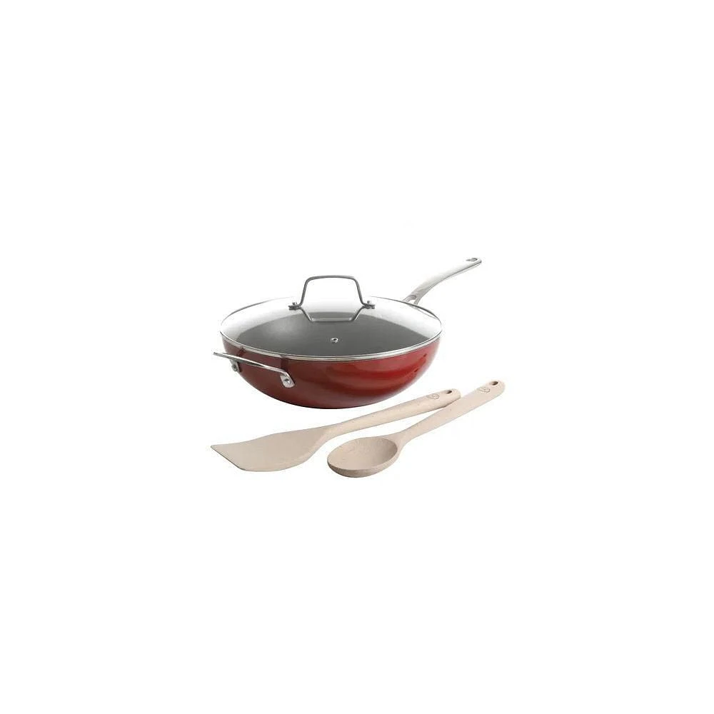 Martha Stewart Poêle essentielle 12 po avec couvercle et 2 outils, rouge