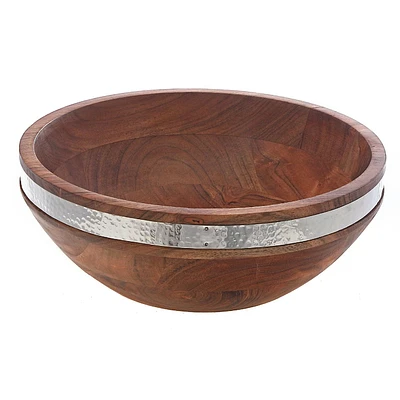 IH Casa Decor Natural Acacia Wood With Hammered Nickel Salad Bowl