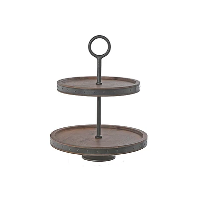 IH Casa Decor Gray Acacia Wood With Riveted Gunmetal 2 Tier Cake Stand