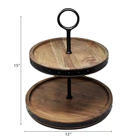 IH Casa Decor Gray Acacia Wood With Riveted Gunmetal 2 Tier Cake Stand