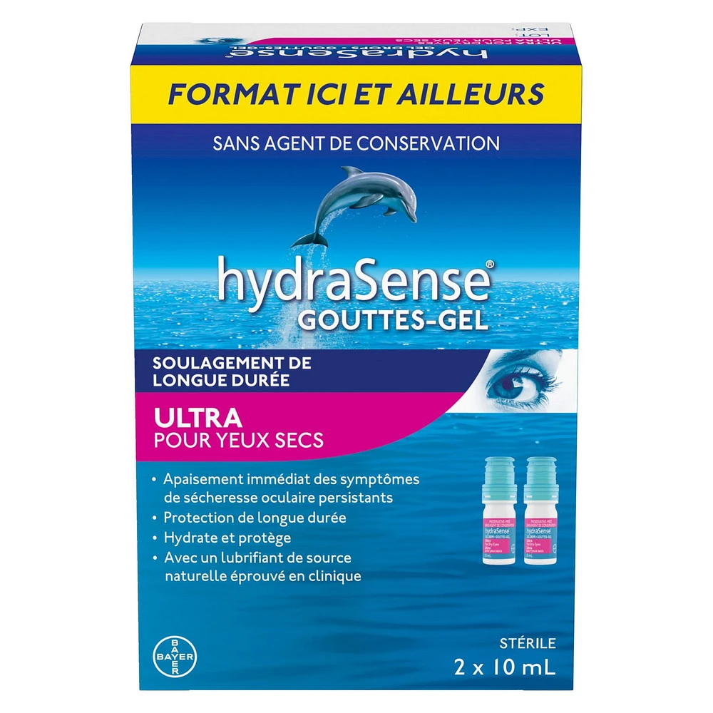 hydraSense Ultra Eye Gel Gouttes pour les yeux secs - Gouttes pour les yeux sans conservateur, gouttes de gel pour un confort immédiat et une protection prolongée, soulagement des yeux secs, d'origine naturelle, peuvent être utilisées avec des contacts 2x10 ml