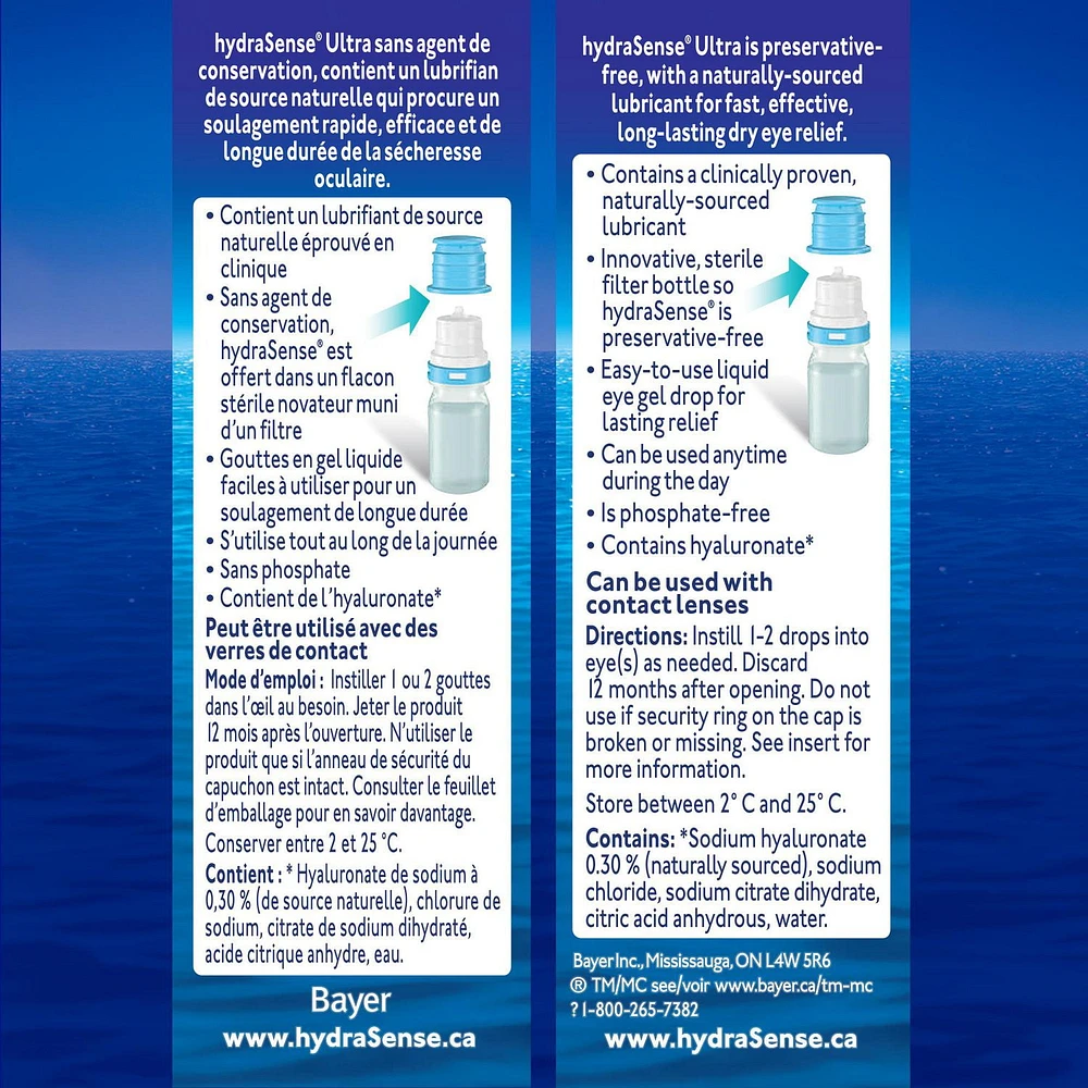 hydraSense Ultra Eye Gel Gouttes pour les yeux secs - Gouttes pour les yeux sans conservateur, gouttes de gel pour un confort immédiat et une protection prolongée, soulagement des yeux secs, d'origine naturelle, peuvent être utilisées avec des contacts 2x10 ml