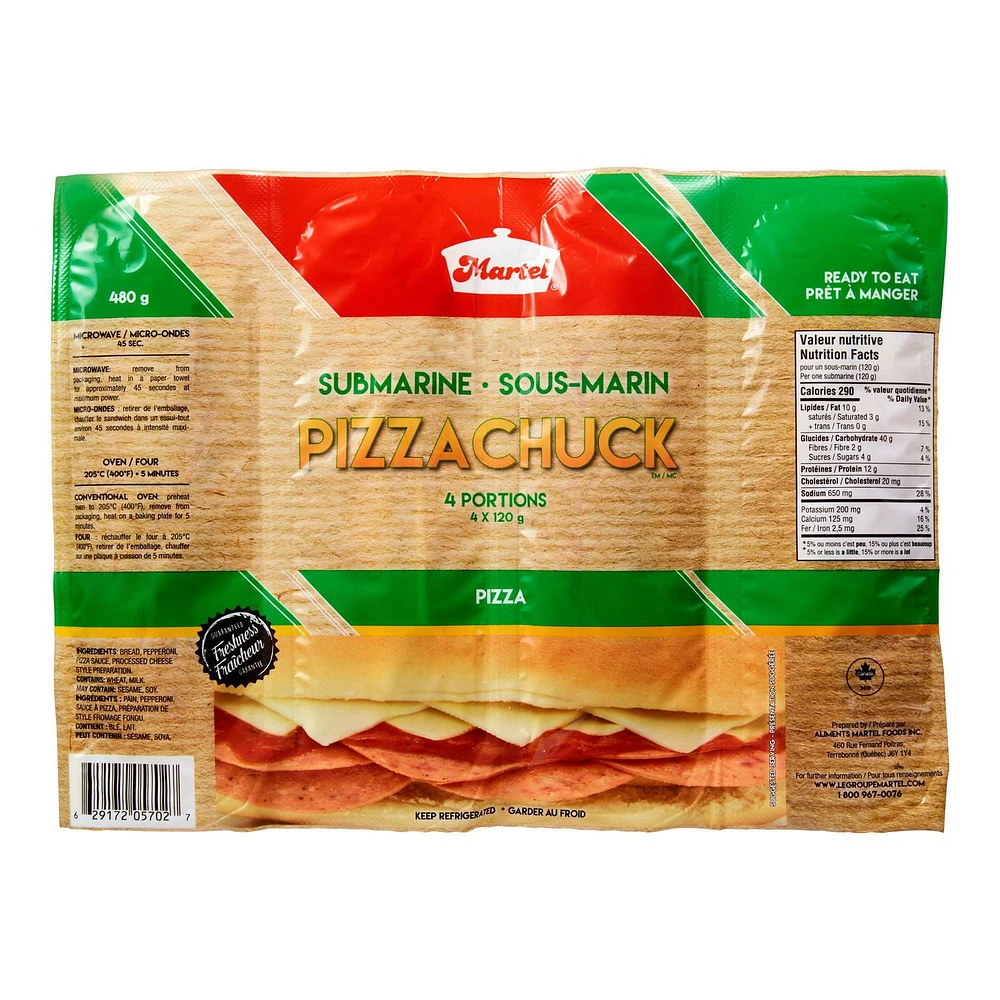 Emballage multiple de sous-marins Pizzachuck Martel 4 portions, total de 480 g