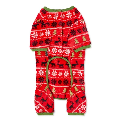 One Paw Holiday Pets' Fair Isle Dog Pajama 1-Piece, Red,  Sizes XS-XL, Soft and Warm
