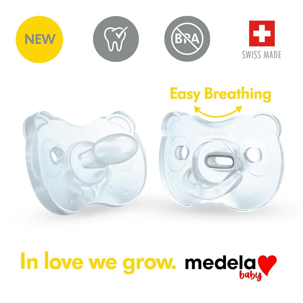 Medela Baby new SOFT SILICONE one-piece Pacifier designed to support baby's natural suckling, BPA free, Lightweight and orthodontic. 0-6 mo Boy 2pk