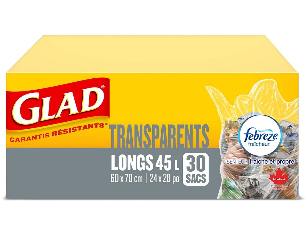 Glad Clear Garbage Bags - Tall 45 Litres - Febreze Fresh Clean Scent,, 30 Bags