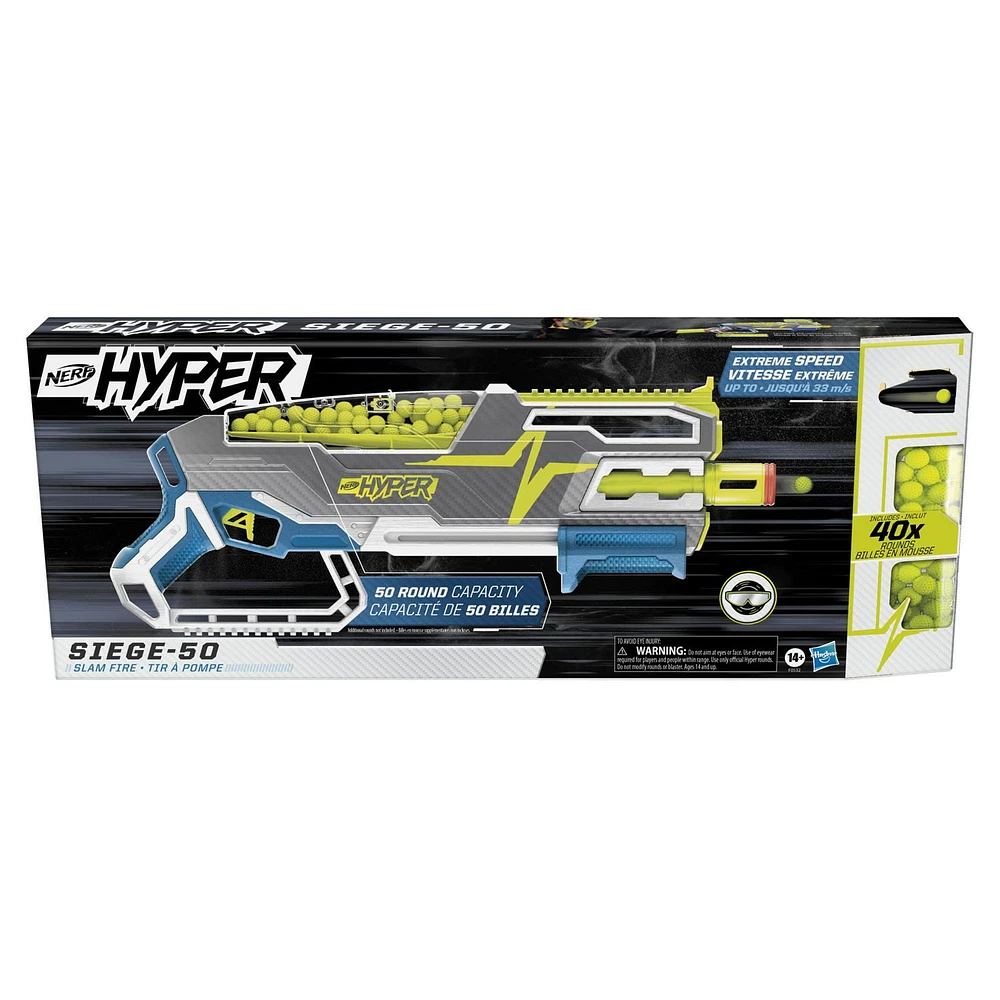 Nerf Hyper Siege-50 Pump-Action Blaster -- Includes 40 Nerf Hyper Rounds, Up To 110 FPS Velocity, Easy Reload, Holds Up To 50 Rounds