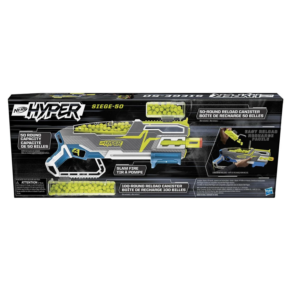 Nerf Hyper Siege-50 Pump-Action Blaster -- Includes 40 Nerf Hyper Rounds, Up To 110 FPS Velocity, Easy Reload, Holds Up To 50 Rounds