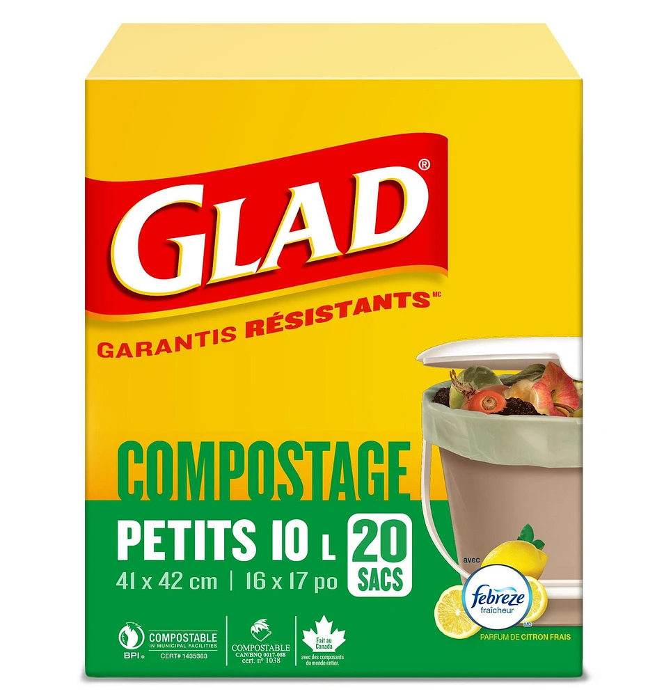 Glad Certified Compostable Bags - Small 10 Litres -, Lemon scent, 20 Compost Bags