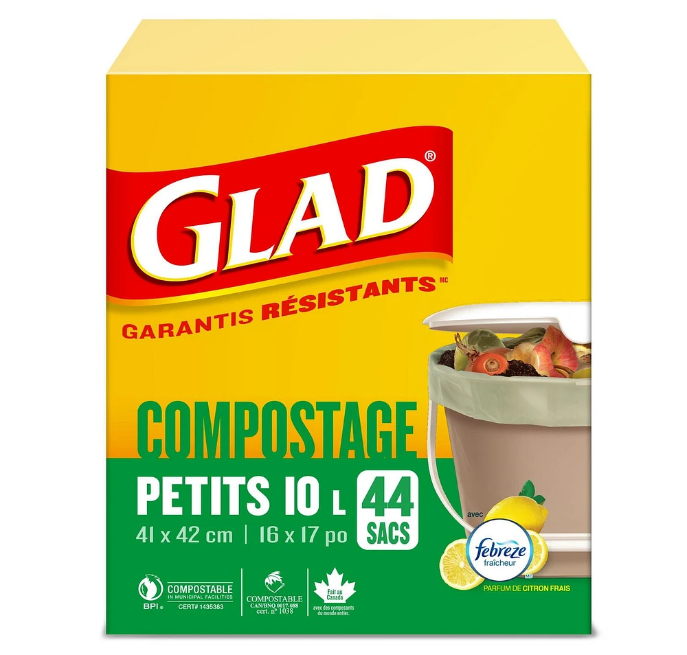 Glad Certified Compostable Bags - Small 10 Litres -, Lemon scent, 44 Compost Bags