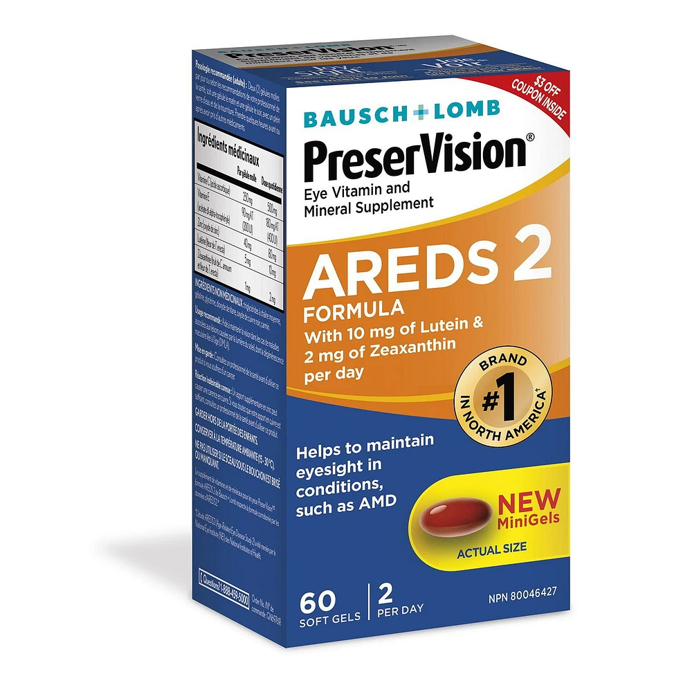 Bausch + Lomb PreserVision Eye Vitamin & Mineral Supplement AREDS 2, 60 Soft Gels