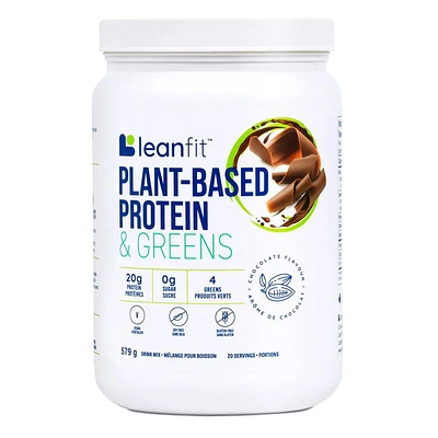 LEANFIT PLANT-BASED PROTEIN & GREENS™ Chocolate 579g - 20g Plant Protein + 4 Leafy Greens Per Serving, Vegan, Gluten-Free, Non-GMO, Soy-Free, No Sugar, Complete Amino Acid Profile