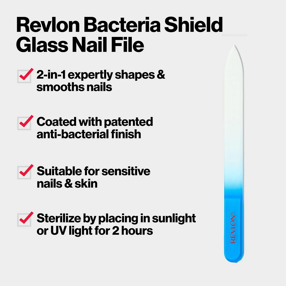 Revlon Bacterial Shield Glass Nail File, 2-in-1 nail file that expertly shapes and smooths.