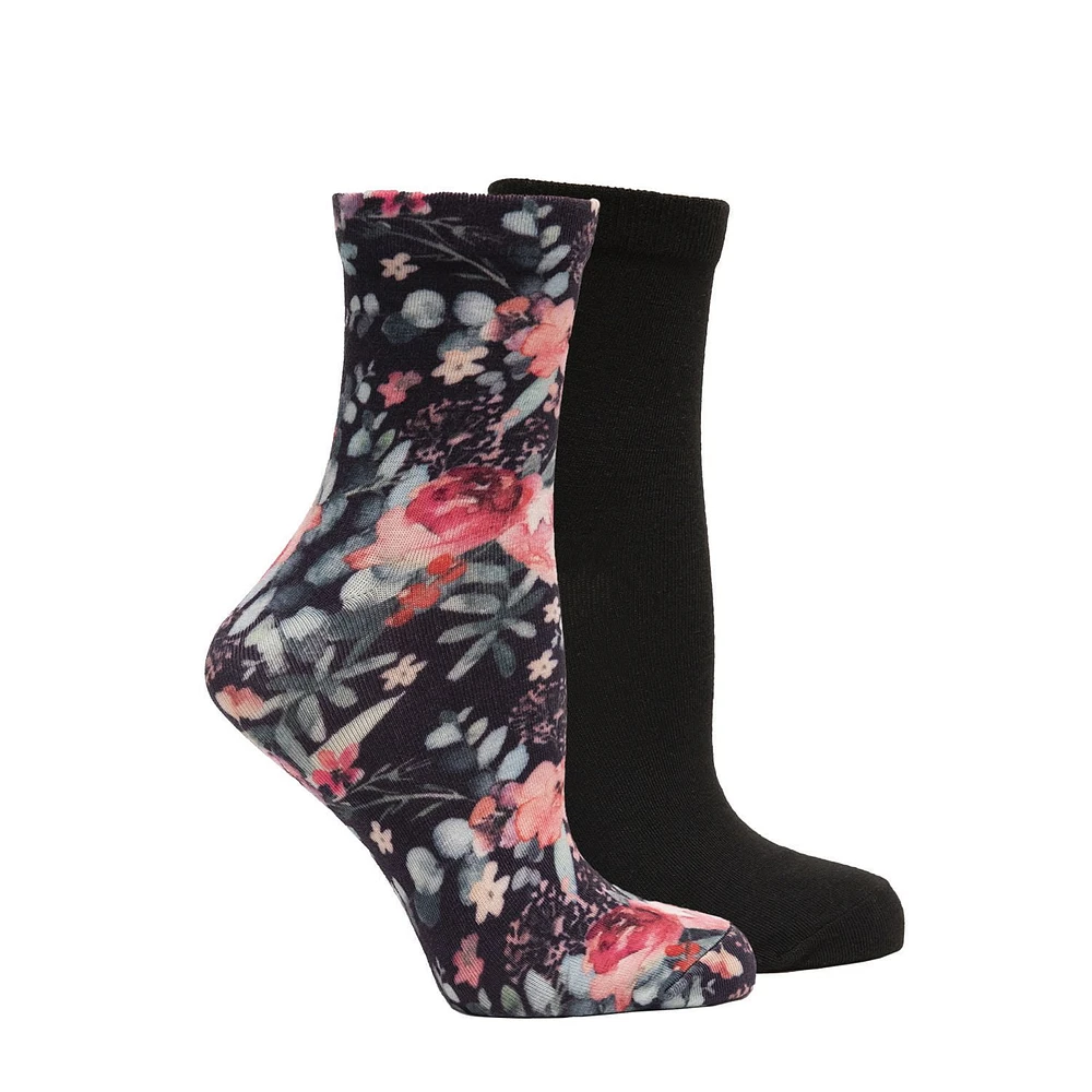 George Women's 2 Pack 3D Floral Print And Solid Fashion Quarter Crew Sock