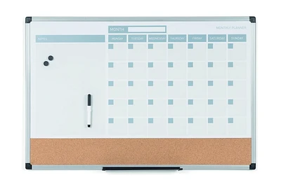 MasterVision 3-in-1 Dry-Erase Calendar Planner Board, 24" x 36", Silver Frame, Bulletin Board, Whiteboard and Planning Board