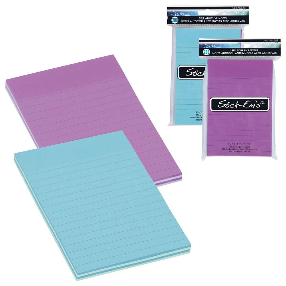 Merangue Stick-Em Sticky Notes, 6" x 4", 100 Sheets/Pad, 2 Pads/Pack, 2 Pack