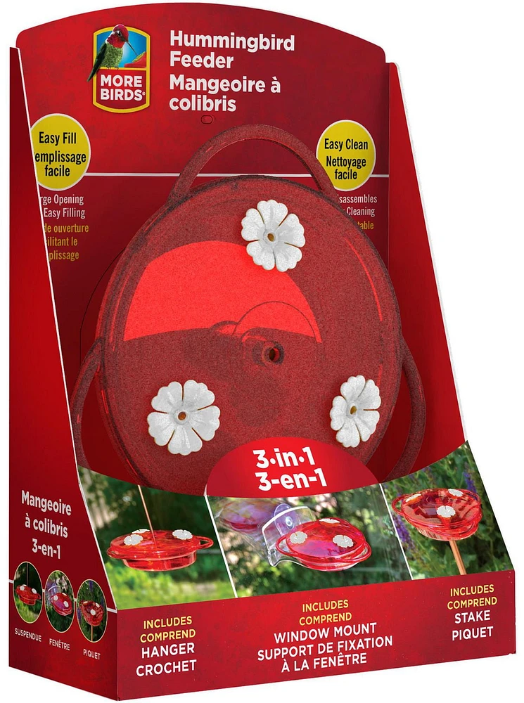 More Birds 3-in-1 Hummingbird Feeder - Red Hanging Multi-Use Feeder with 6oz Nectar Capacity & Bee Guard, 3-in-1 Hummingbird Feeder