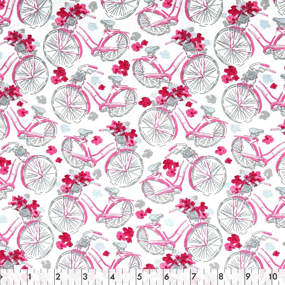 Fabric Creations White with Pink and Grey Bicycles and Flowers Fat Quarter Pre-Cut Fabric - 18" x 21" / 45cm x 53cm, 18" x 21" / 45cm x 53cm