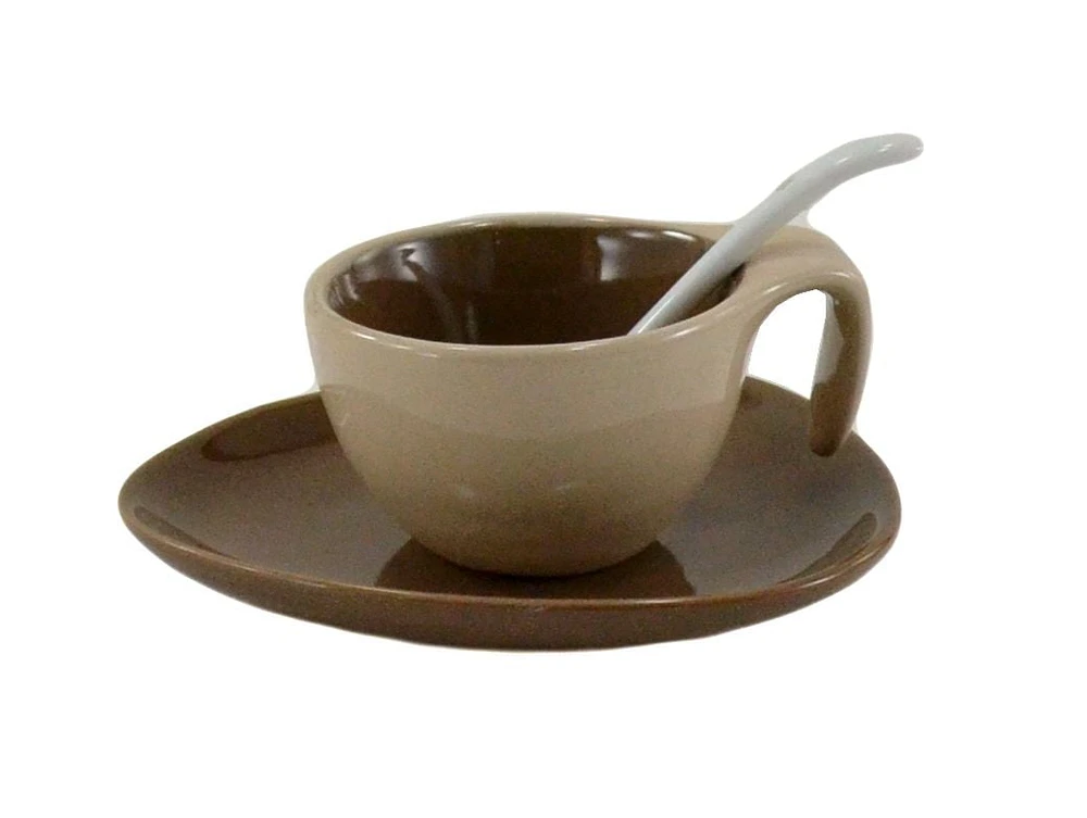 Brown Espresso Cup and Saucer with Spoon, Set of 6