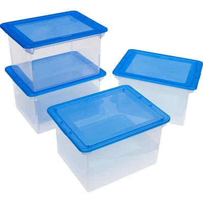 Storex Storage File Tote with Comfort Grips, Clear/Blue, 4-Pack