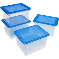 Storex Storage File Tote with Comfort Grips, Clear/Blue, 4-Pack