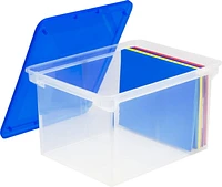 Storex Storage File Tote with Comfort Grips, Clear/Blue, 4-Pack