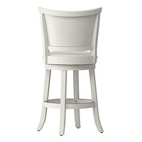 CorLiving Wesley Set of 2 White Wood Swivel Counter Height Barstools wth Back and Faux Leather Upholstered Padded Seat