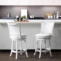 CorLiving Wesley Set of 2 White Wood Swivel Counter Height Barstools wth Back and Faux Leather Upholstered Padded Seat