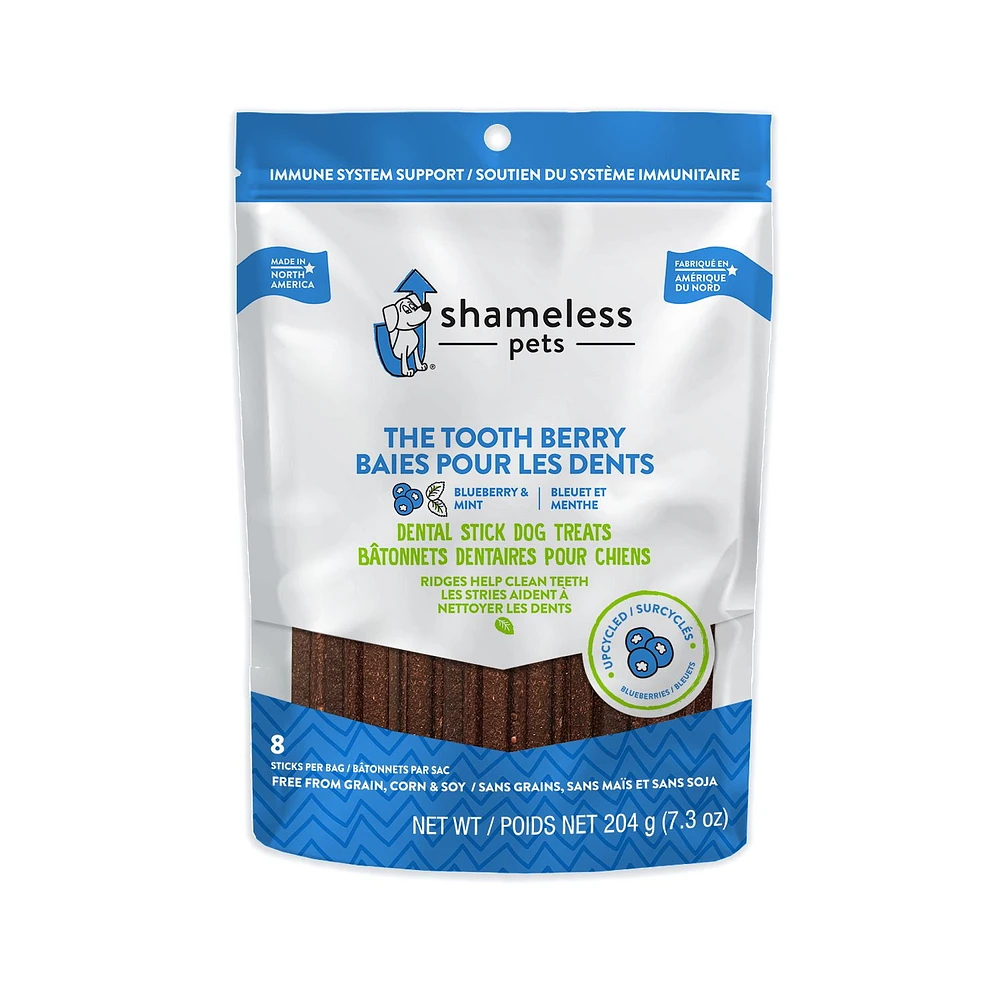 Shameless Pets Tooth Berry Blueberry Sticks Dental Dog Treats With Upcycled Ingredients, 204 g