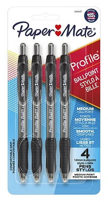 Paper Mate Profile Retractable Ballpoint Pens, Medium Point (1.0 mm), Black, 4 Count