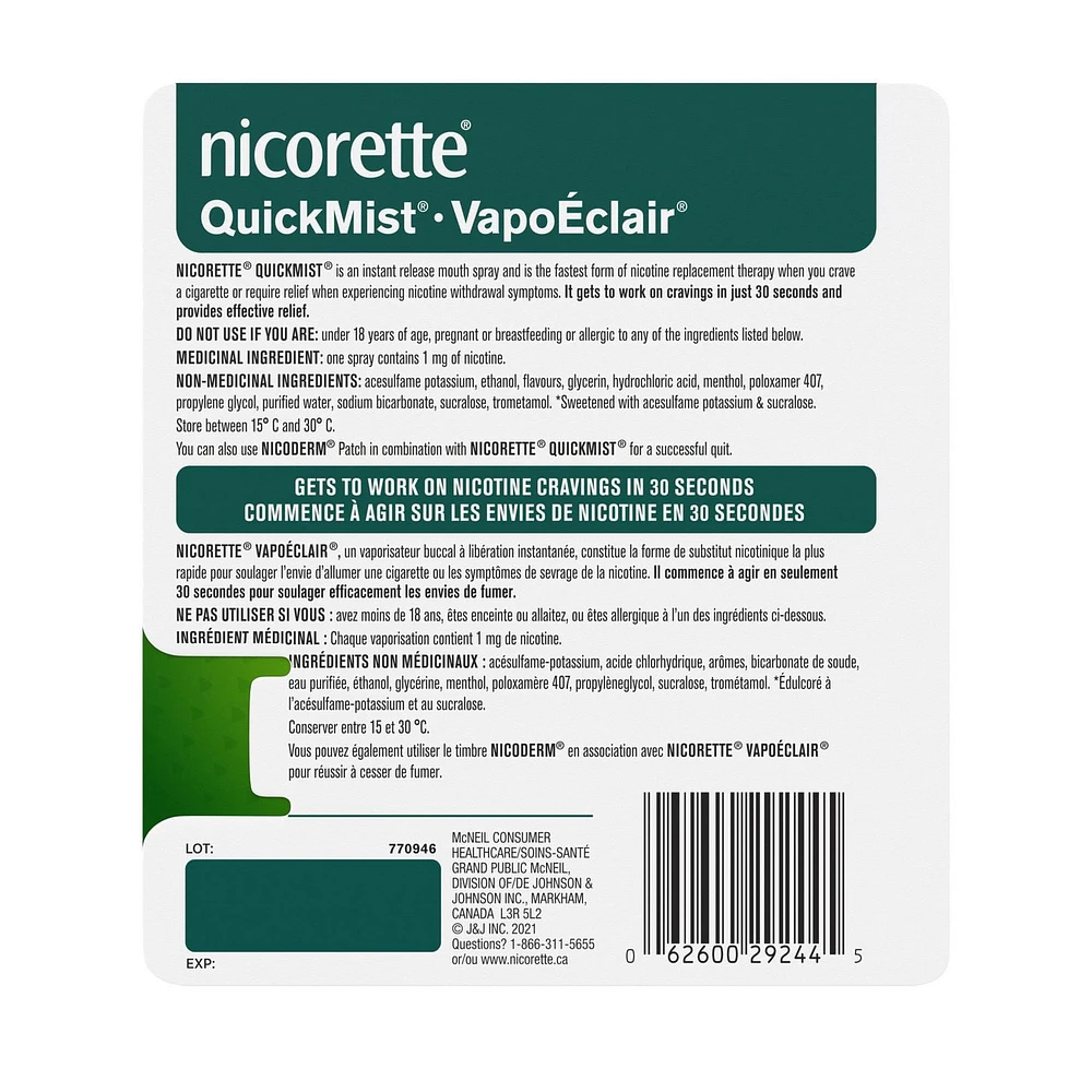 Vaporisateur à la nicotine Nicorette VapoÉclair, aide pour cesser de fumer, menthe fraîche, 1 mg, TRN, emballage duo 150 vaporisations x 2