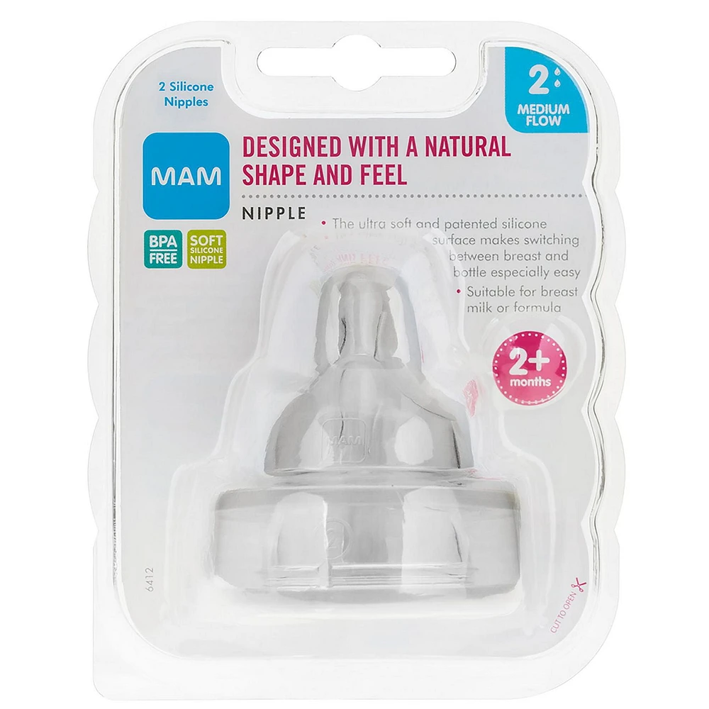 Tétines pour biberon MAM, tétine à débit moyen niveau 2 (ensemble de deux), pour 2+ mois, tétines en silicone SkinSoft pour biberons de bébé, convient à tous les biberons MAM