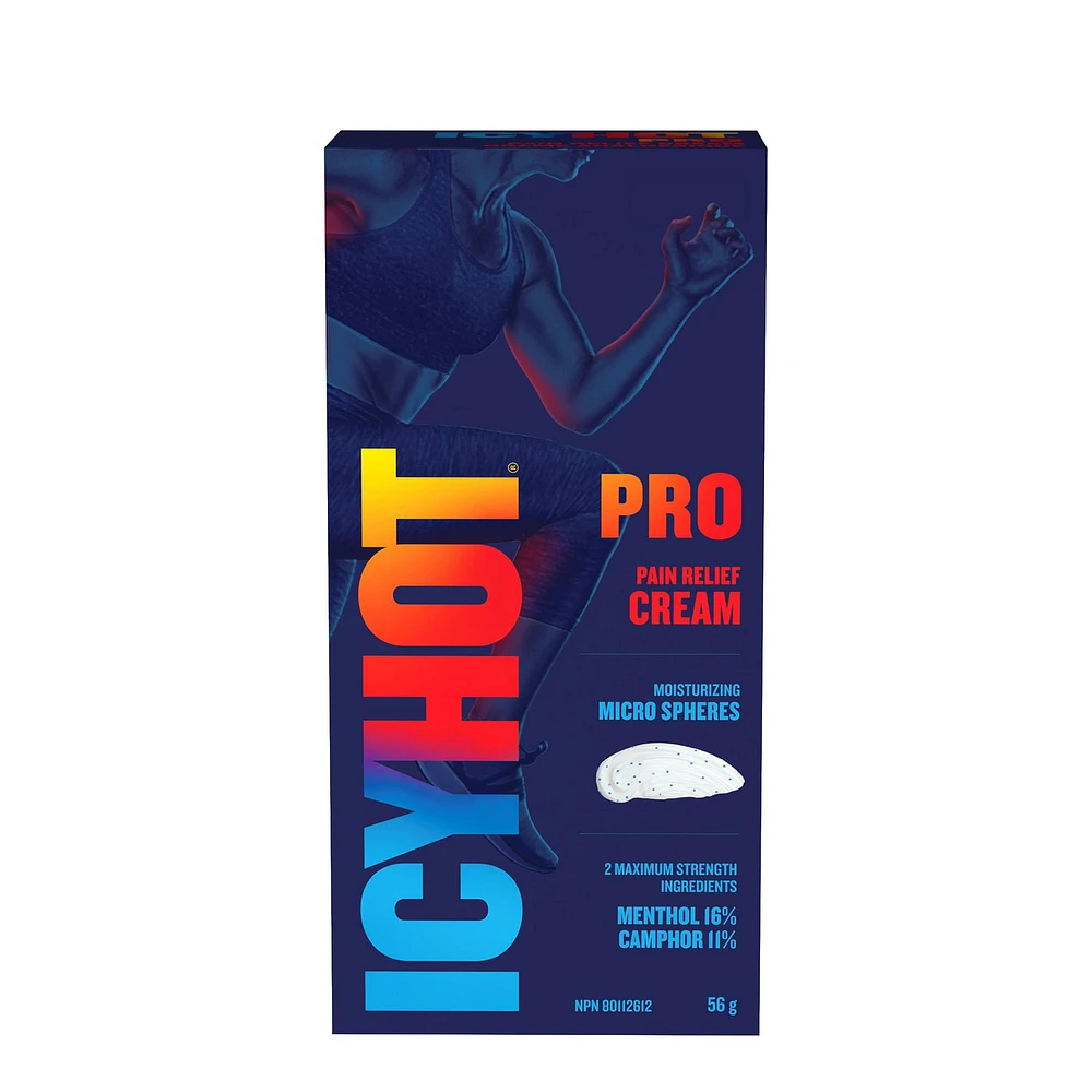 Icy Hot Pro Crème antidouleur, Tube de 56g, pour soulager la douleur, action rapide, soulagement temporaire des douleurs mineures musculaires et articulaires associées à l'arthrite, aux maux de dos, aux foulures et aux entorses, menthol et camphre.