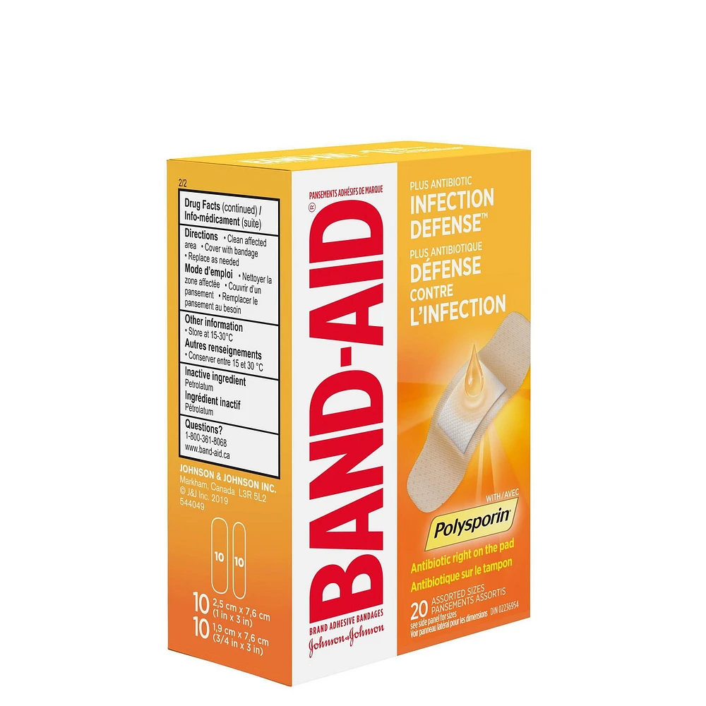 Pansement adhésifs de marque Band-Aid avec onguent antibiotique Polysporin, pour le soin des plaies et les premiers soins, boîte de 20 pansements assortis 20 u