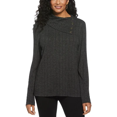 Rafaella Women's Long Sleeve Top with Rivet Neck Trim