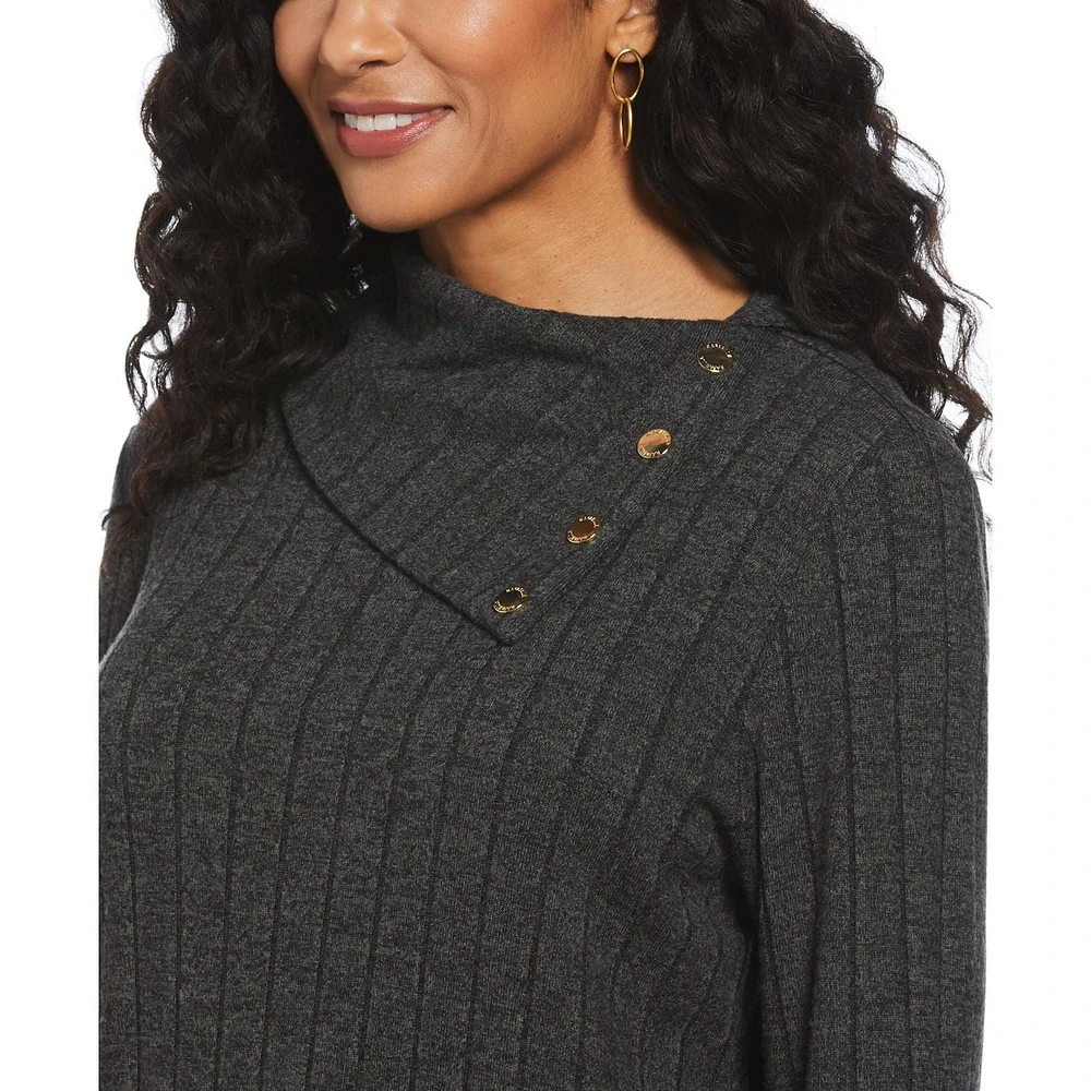 Rafaella Women's Long Sleeve Top with Rivet Neck Trim