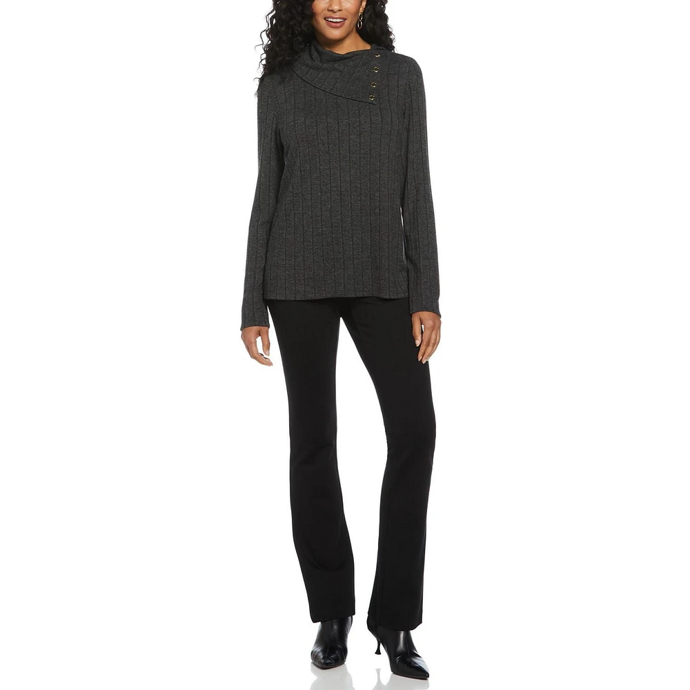 Rafaella Women's Long Sleeve Top with Rivet Neck Trim