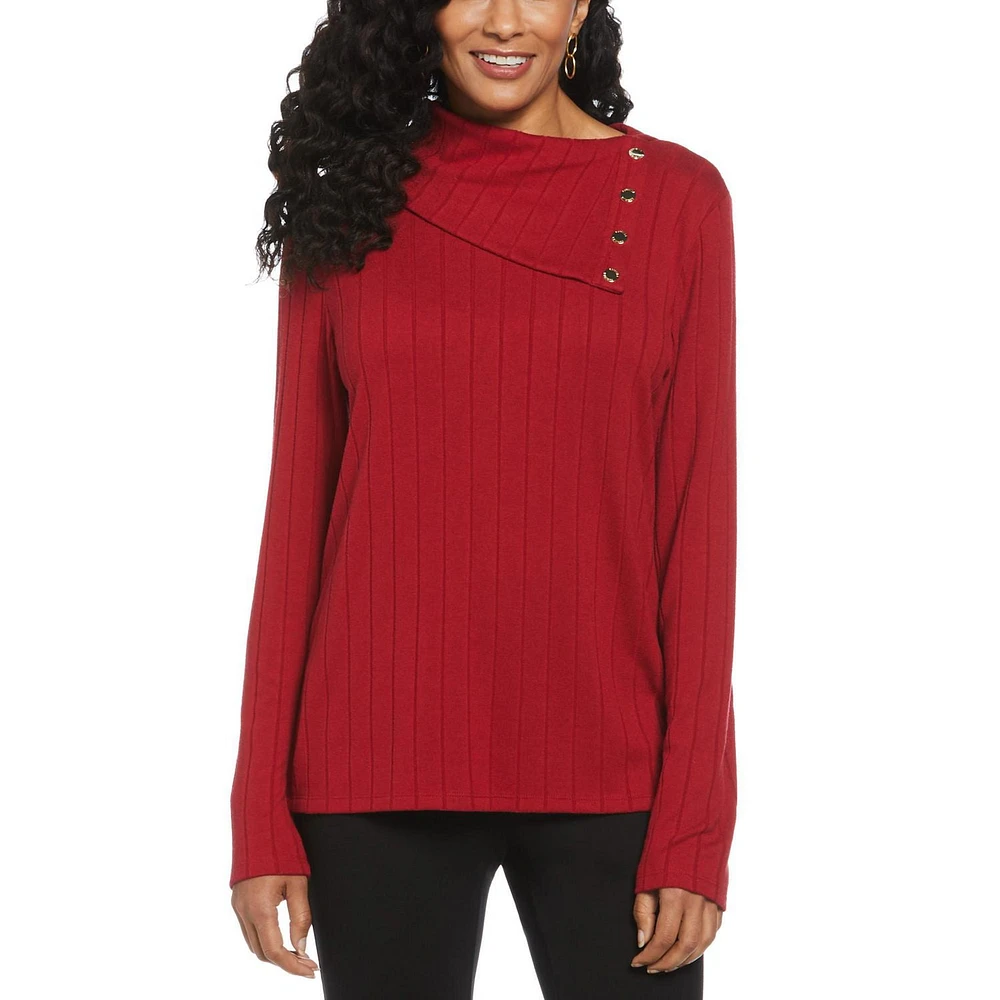 Rafaella Women's Long Sleeve Top with Rivet Neck Trim