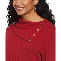 Rafaella Women's Long Sleeve Top with Rivet Neck Trim