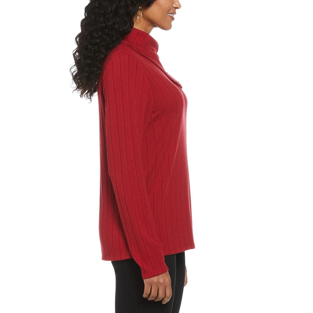 Rafaella Women's Long Sleeve Top with Rivet Neck Trim