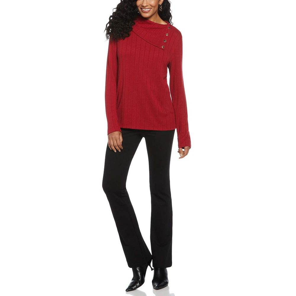 Rafaella Women's Long Sleeve Top with Rivet Neck Trim