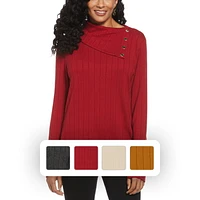 Rafaella Women's Long Sleeve Top with Rivet Neck Trim