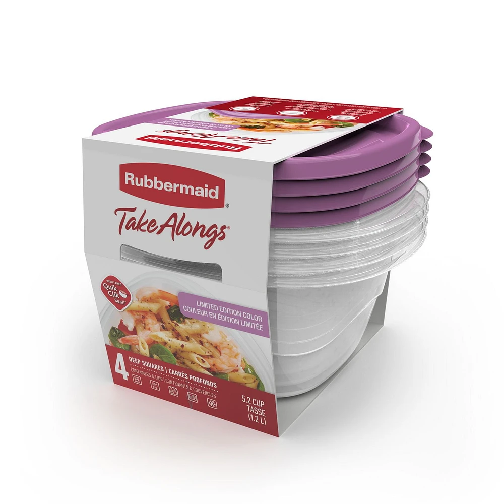 Rubbermaid TakeAlongs 1,2 L (5,2 tasses) récipients de rangement carrés pour les aliments, série spéciale violet orchidée, ensemble de 4