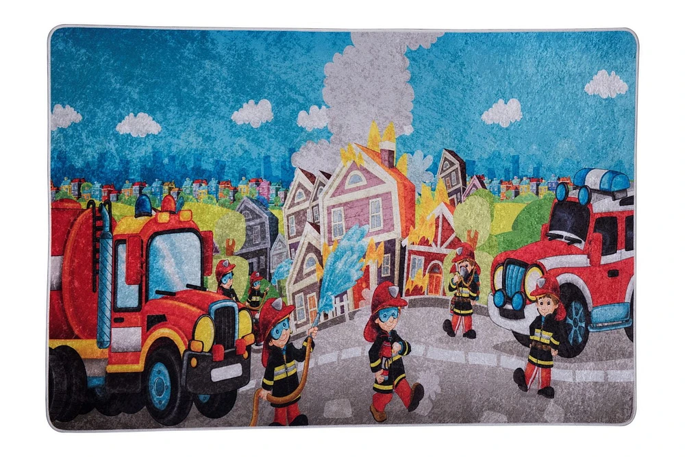 Fire Truck Area Rug, Blue/Red/Grey