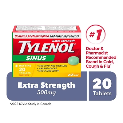 TYLENOL® Extra Stength Sinus eZ Tabs, Relieves Sinus congestion & other sinus Symptoms, Daytime, 20ct, 20 Count